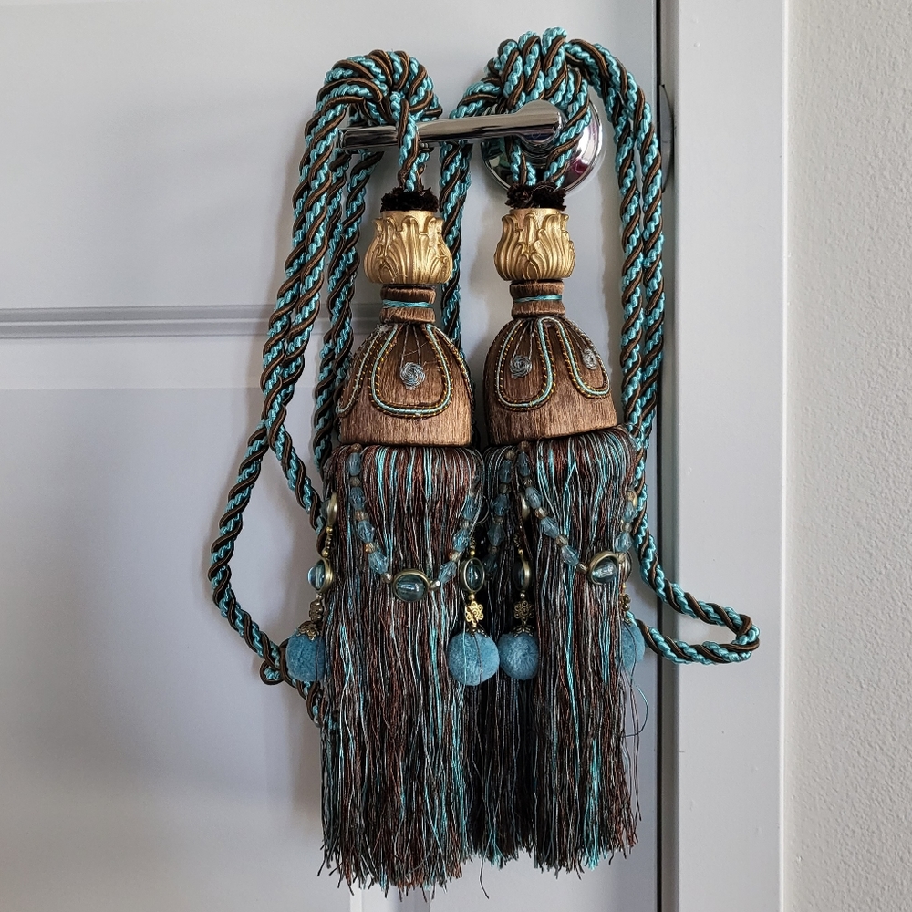 Nwot Blue brown beaded tassel curtain tie back holder rope pair